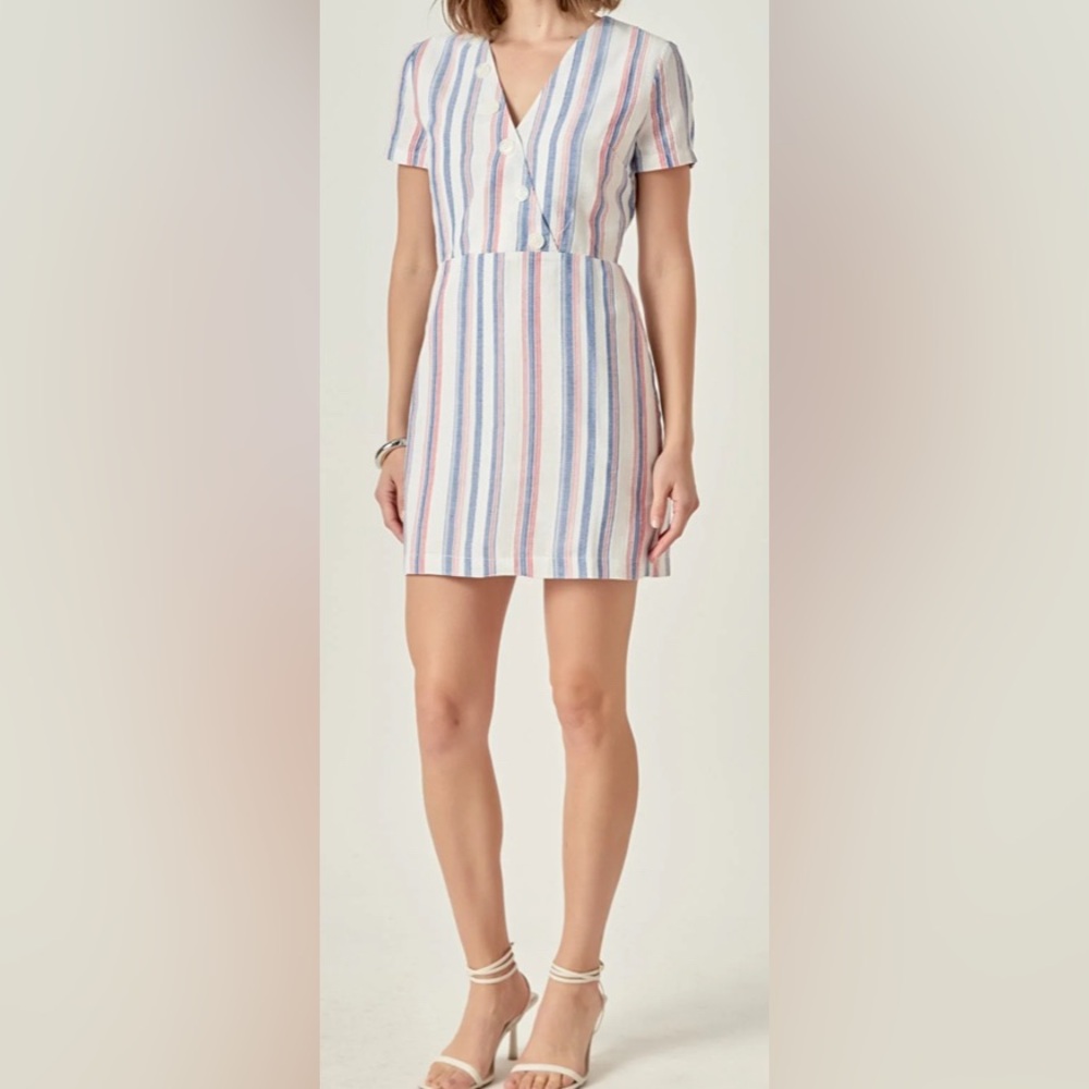 English Factory Striped V-Neck Short Sleeve Linen Mini Dress in Pastel Stripe: M